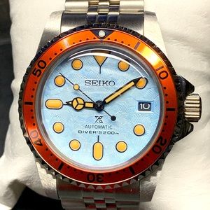 SEIKO SII NH35 MOD 39mm Domed Blue Patin Dial Jubilee Orange Bezel Vintage Build